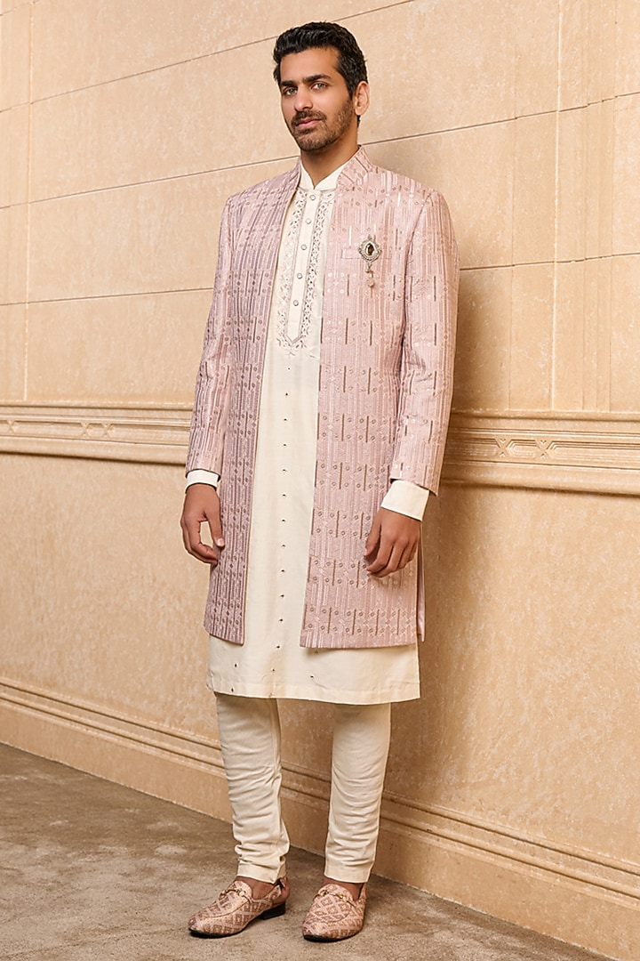 Pink Polyester Viscose Blend Embroidered Wedding Sherwani Set by TASVA at Pernia's Pop Up Shop