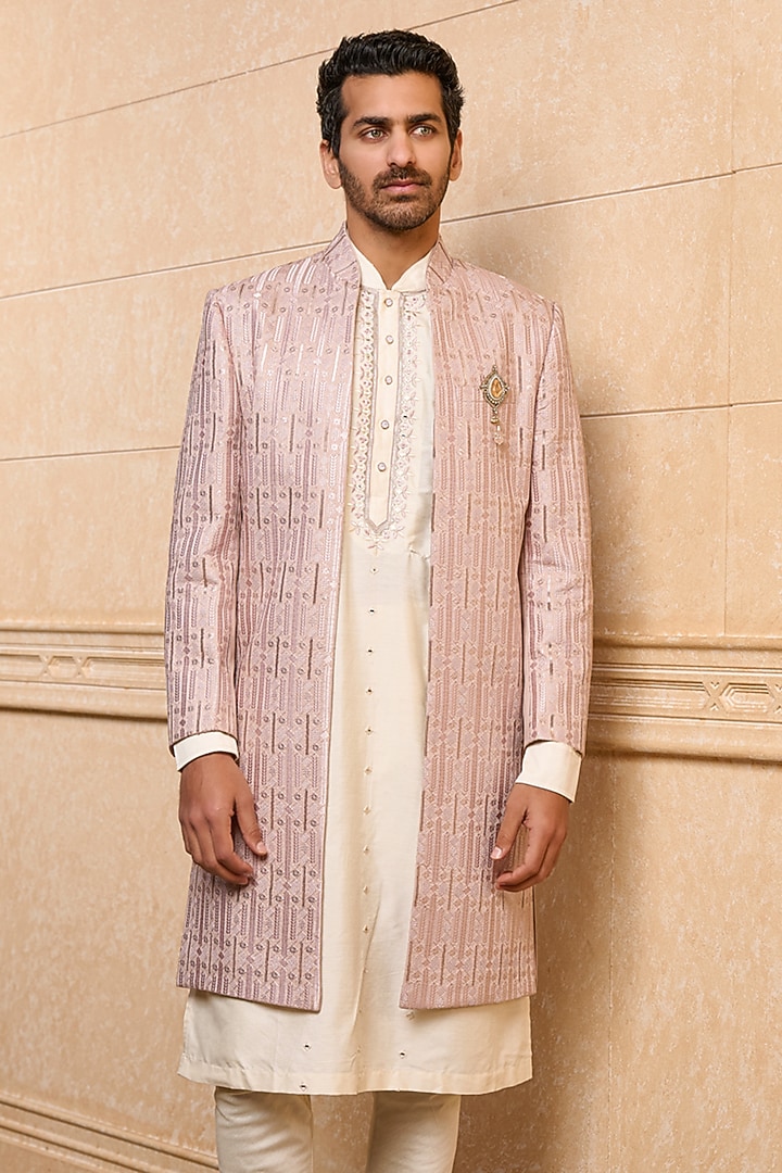 Pink Polyester Viscose Blend Embroidered Wedding Sherwani Set by TASVA at Pernia's Pop Up Shop