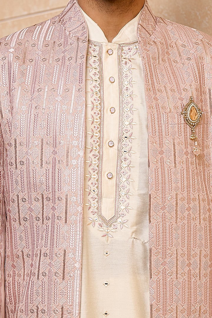Pink Polyester Viscose Blend Embroidered Wedding Sherwani Set by TASVA at Pernia's Pop Up Shop