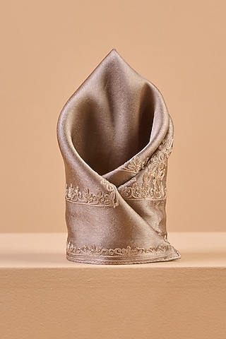 Grey Satin Embroidered Pocket Square by TASVA