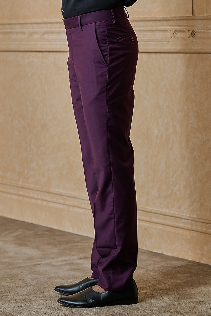 Wine Polyester Blend Trousers by TASVA at Pernia's Pop Up Shop