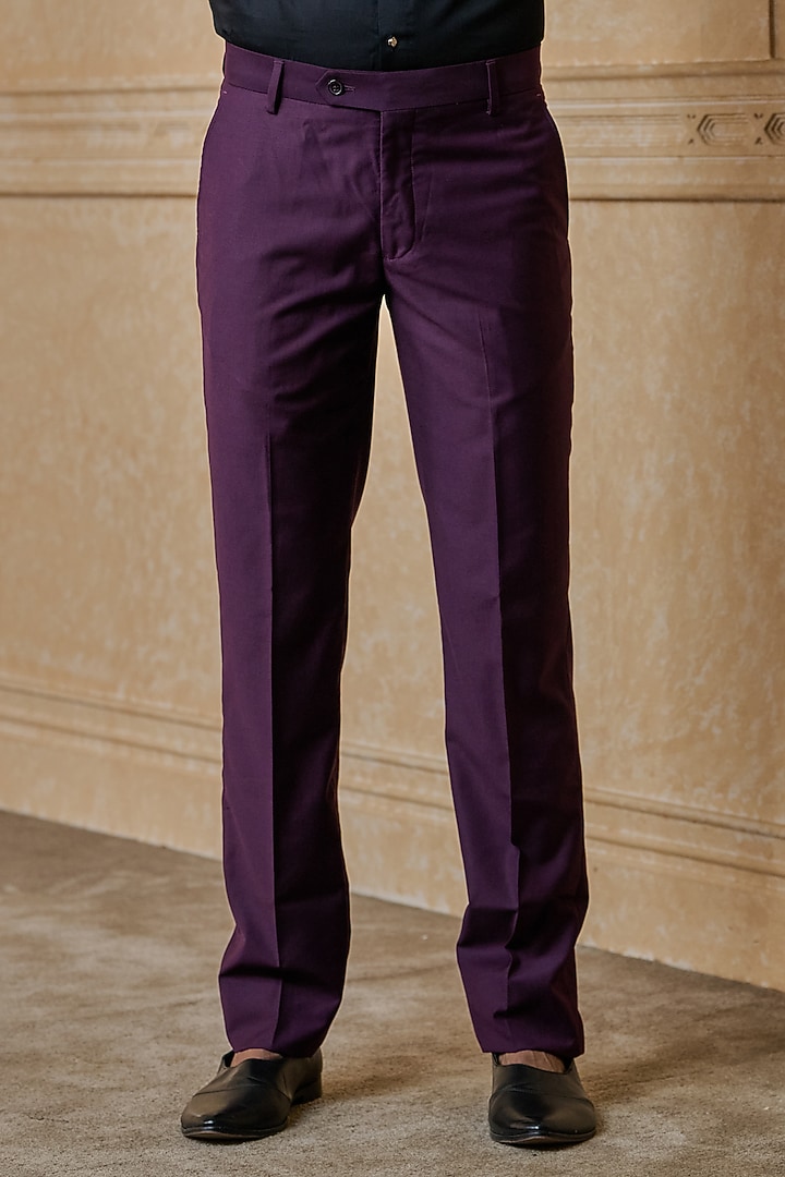 Wine Polyester Blend Trousers by TASVA at Pernia's Pop Up Shop
