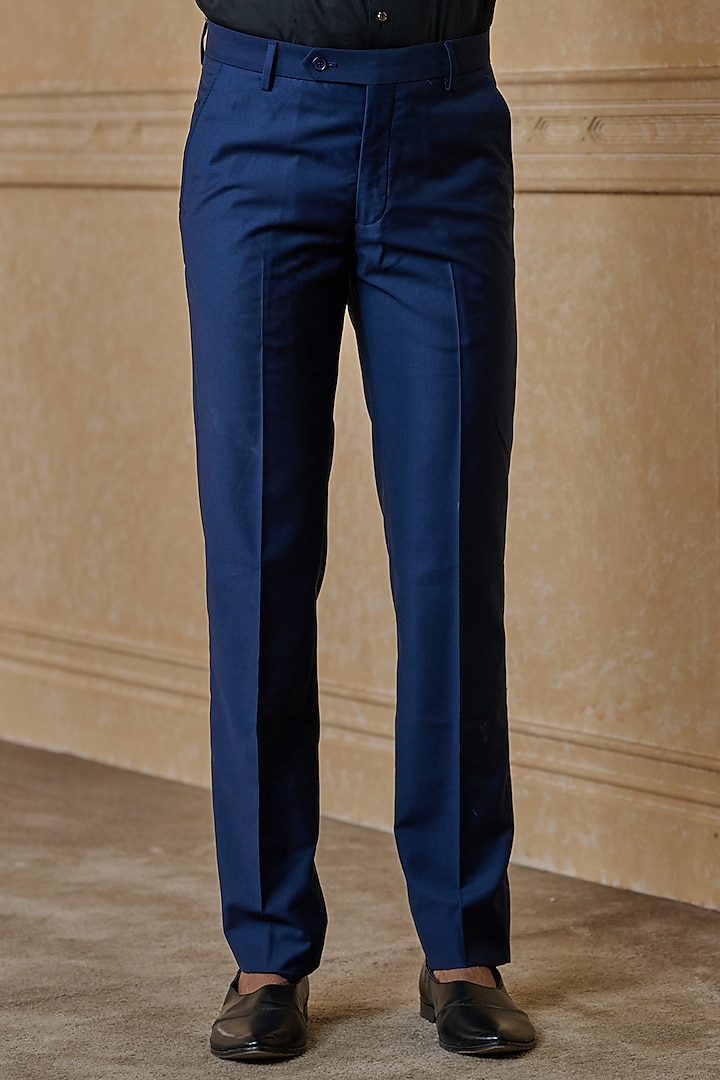 Navy Blue Polyester Blend Trousers by TASVA