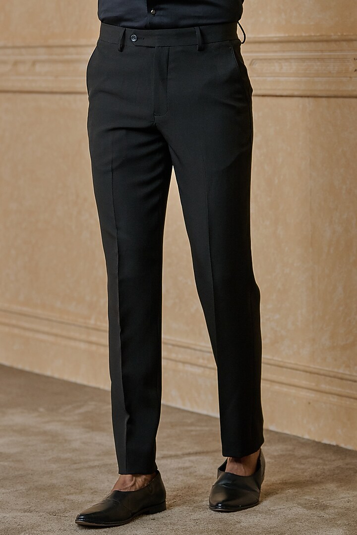 Black Polyester Blend Trousers by TASVA at Pernia's Pop Up Shop