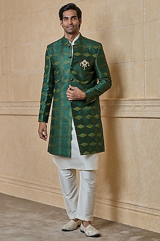 Teal Polyester Embroidered Indowestern Set by TASVA