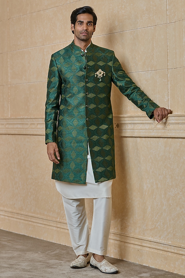 Teal Polyester Embroidered Indowestern Set by TASVA at Pernia's Pop Up Shop