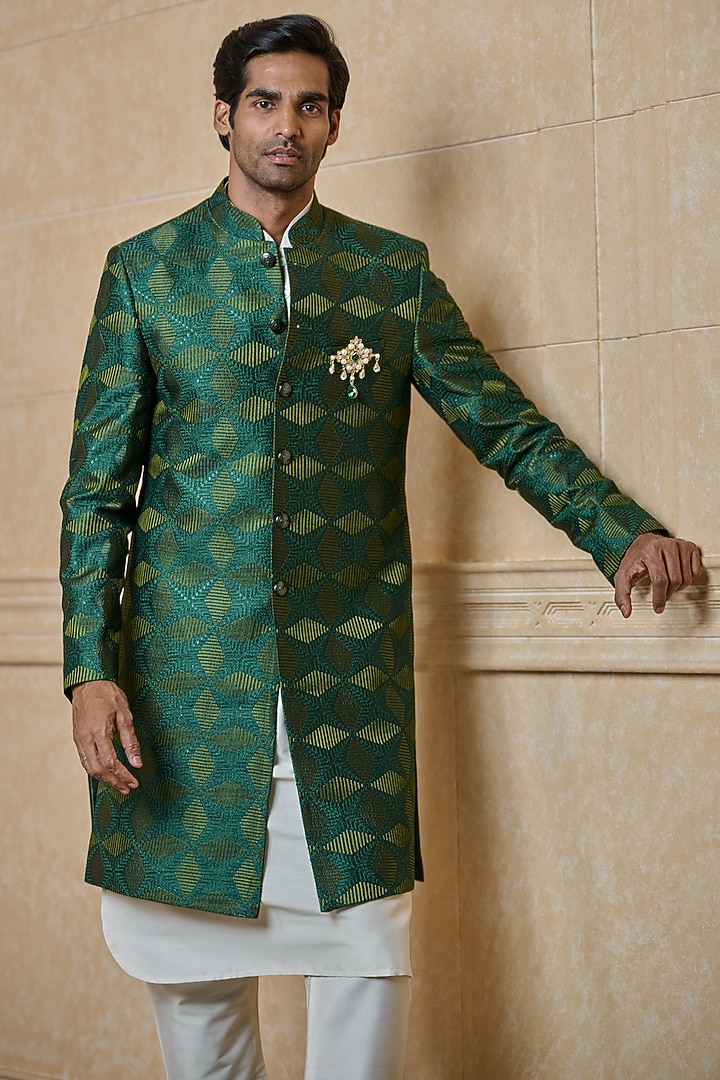 Teal Polyester Embroidered Indowestern Set by TASVA at Pernia's Pop Up Shop
