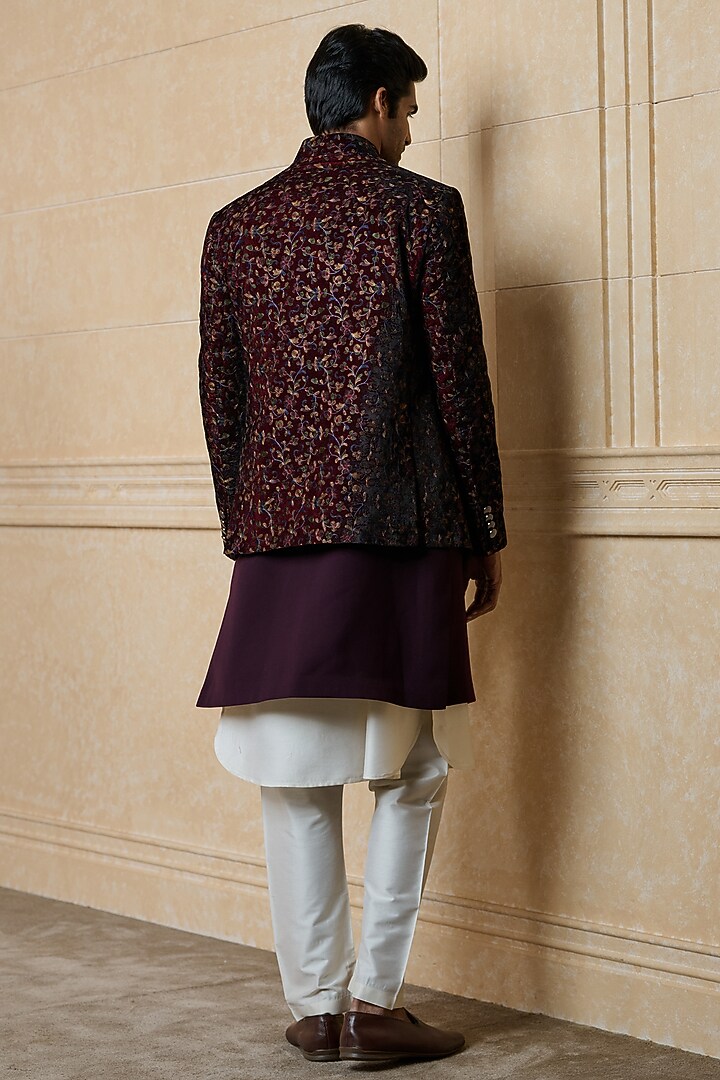 Wine Polyester Embroidered Wedding Indowestern Set by TASVA at Pernia's Pop Up Shop