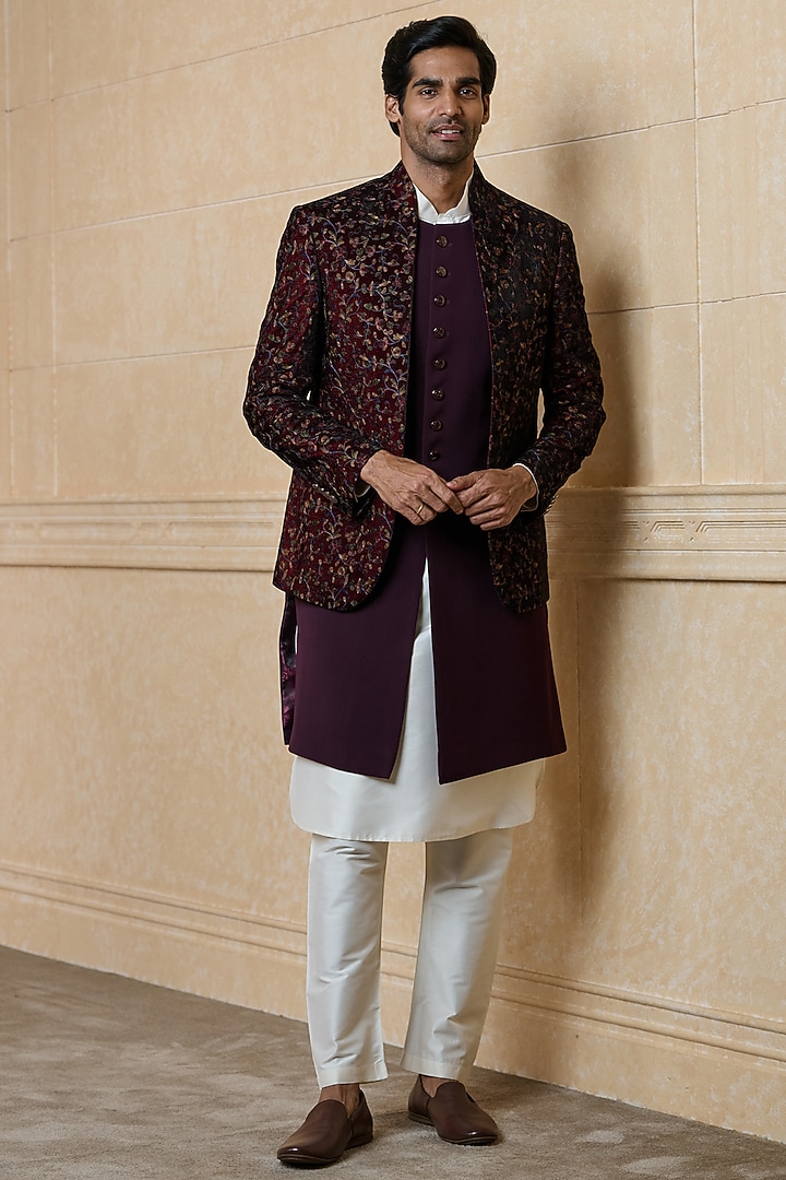 Wine Polyester Embroidered Wedding Indowestern Set by TASVA at Pernia's Pop Up Shop