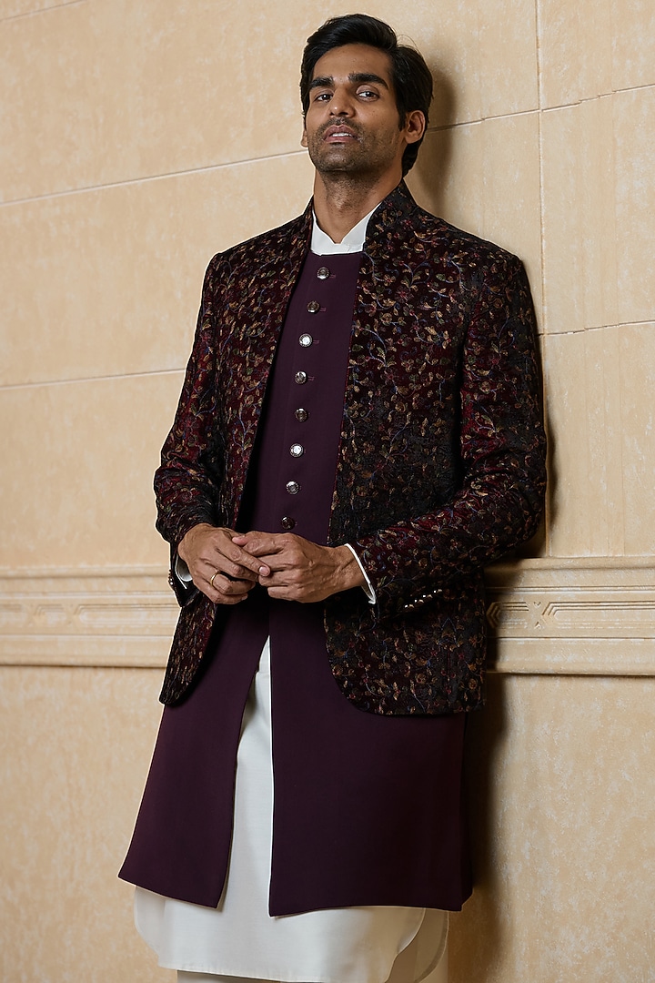 Wine Polyester Embroidered Wedding Indowestern Set by TASVA at Pernia's Pop Up Shop