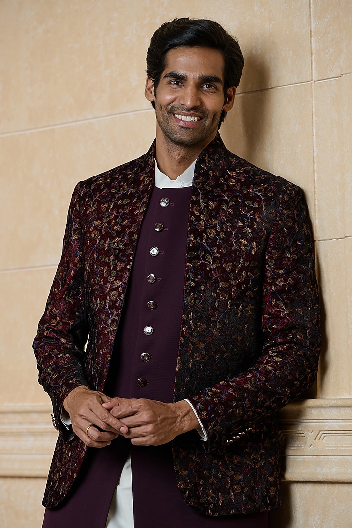 Wine Polyester Embroidered Wedding Indowestern Set by TASVA at Pernia's Pop Up Shop
