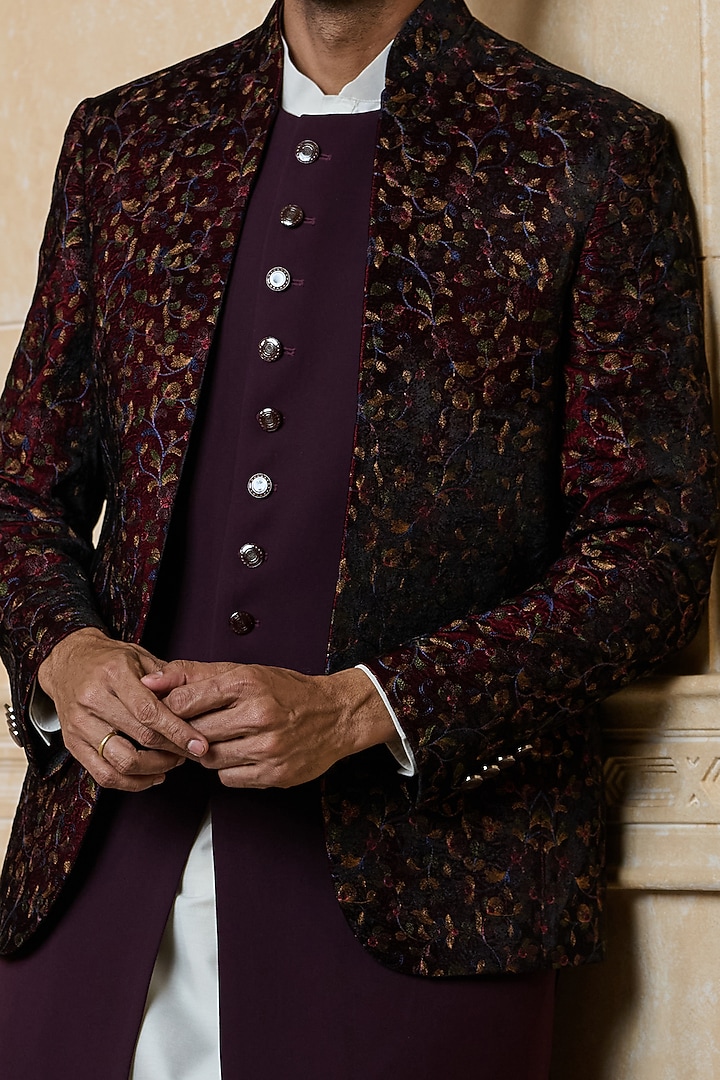 Wine Polyester Embroidered Wedding Indowestern Set by TASVA at Pernia's Pop Up Shop