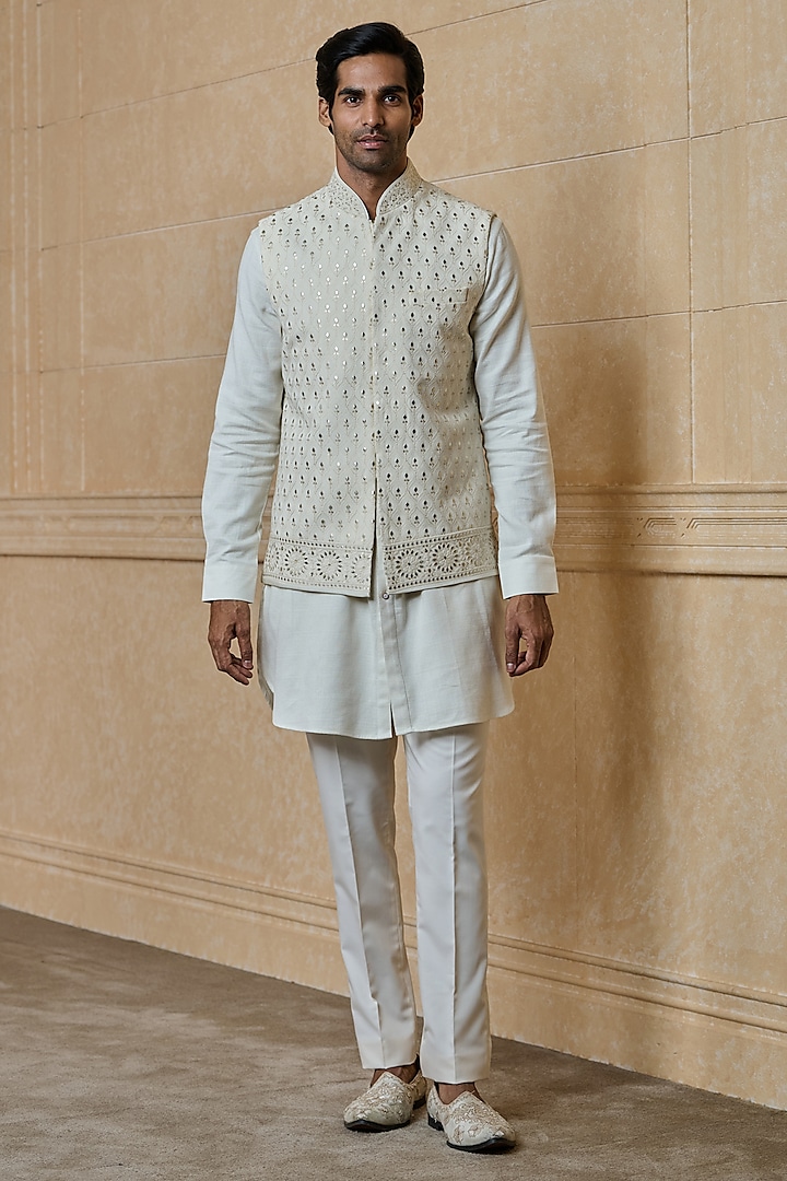 Ivory Viscose Embroidered Bundi Jacket Set by TASVA