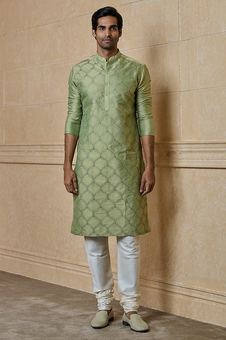 Green Polyester Blend Jaal Embroidered Kurta Set by TASVA