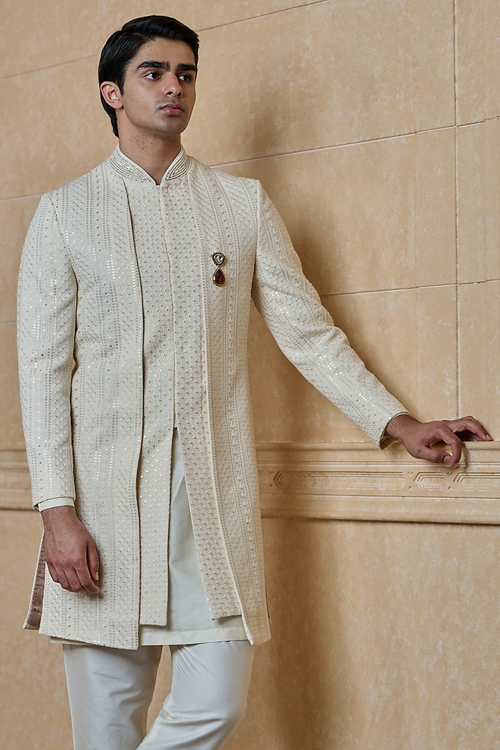 Ivory Viscose Embroidered Sherwani Set Design by TASVA at Pernia's Pop ...