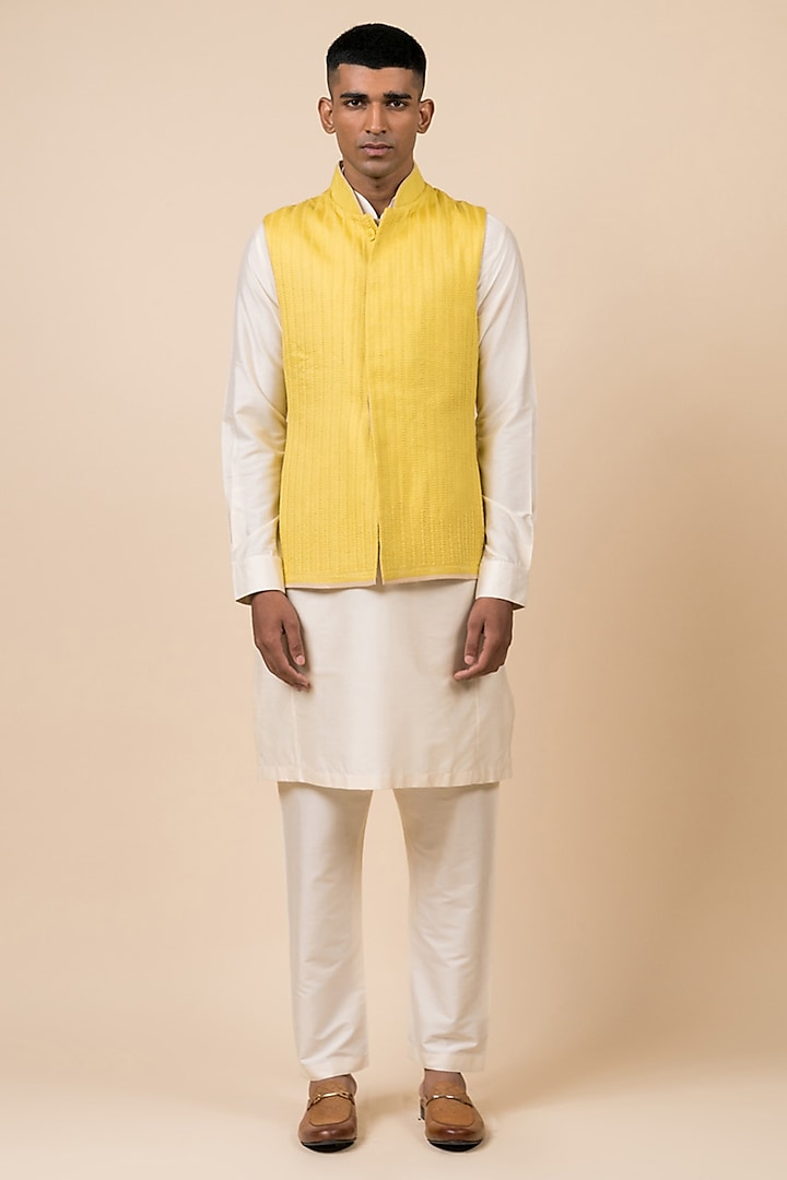 Yellow Schiffli Bundi Jacket Set by TASVA