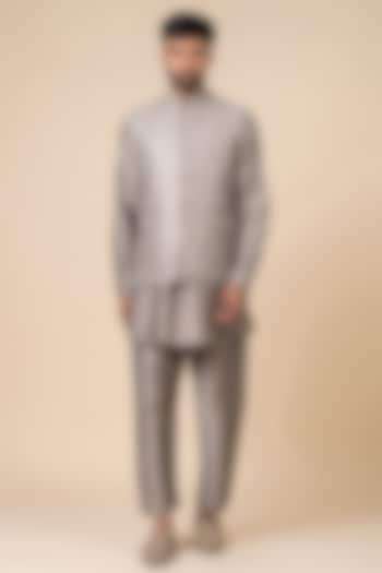 Medium Grey Viscose Blend Mirror Work Bundi Jacket Set by TASVA