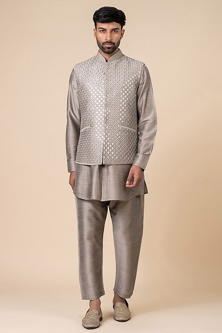 Medium Grey Viscose Blend Mirror Work Bundi Jacket Set by TASVA