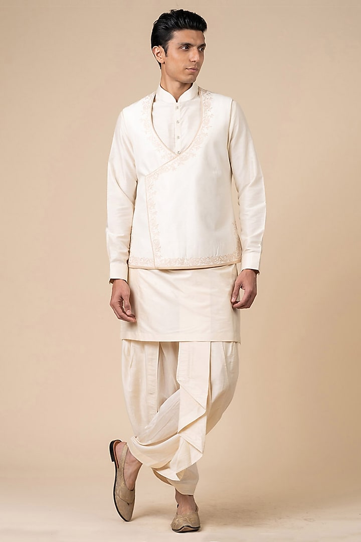 Ivory Viscose Blend Resham Aari Embroidered Angrakha Bundi Jacket Set by TASVA