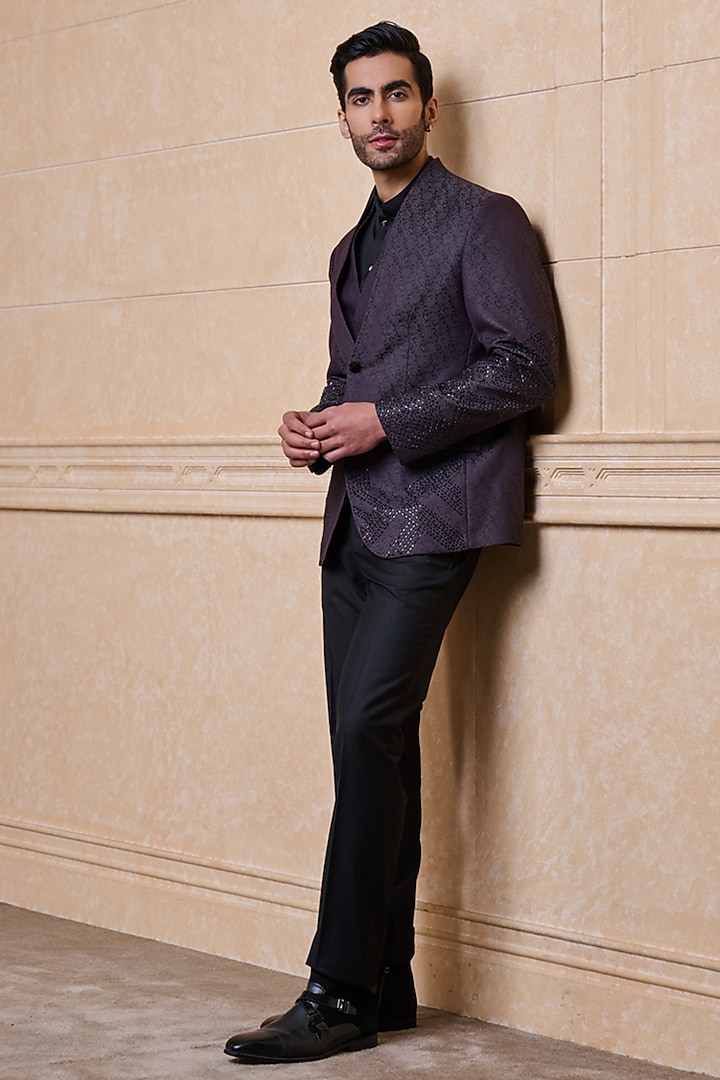Wine Poly Viscose Embroidered Blazer Set by TASVA at Pernia's Pop Up Shop
