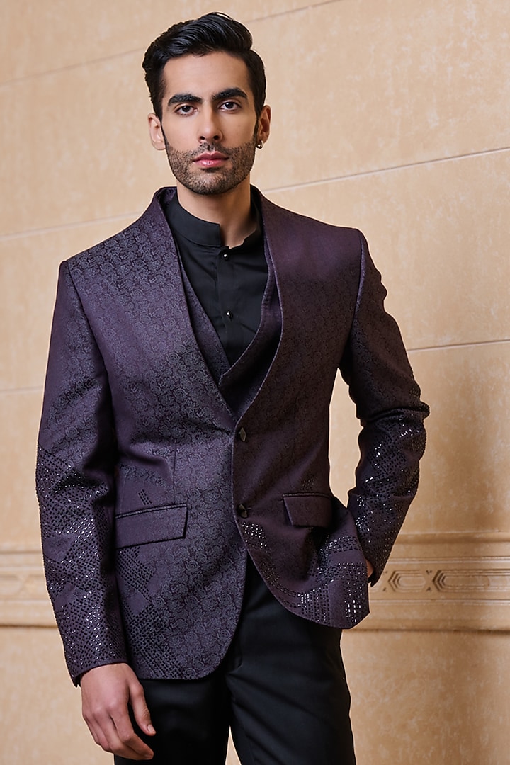 Wine Poly Viscose Embroidered Blazer Set by TASVA at Pernia's Pop Up Shop