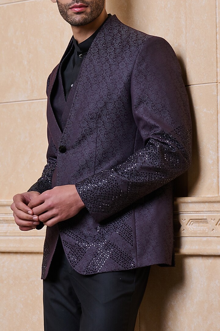 Wine Poly Viscose Embroidered Blazer Set by TASVA at Pernia's Pop Up Shop