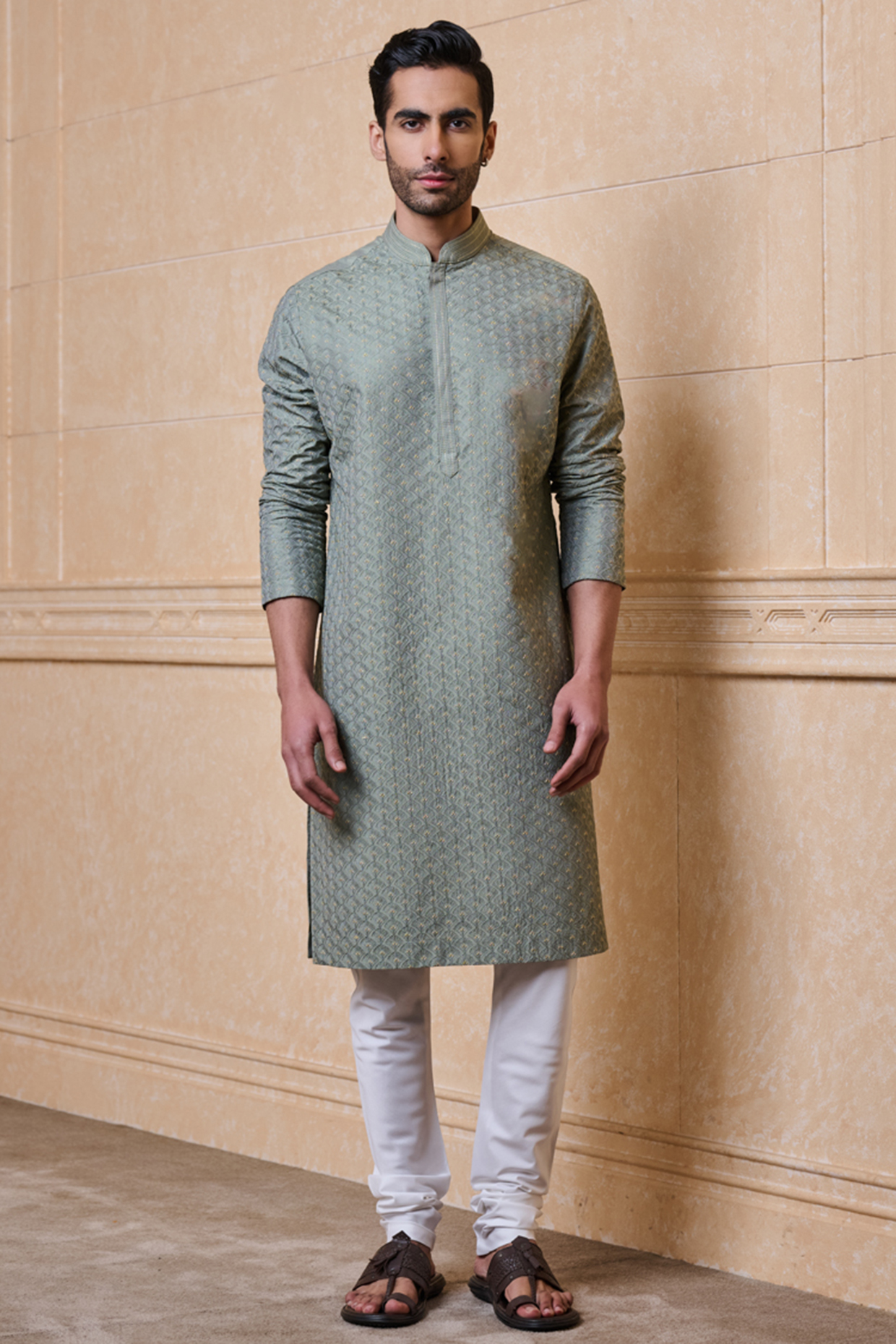 Olive Rayon & Polyester Thread Embroidered Kurta Set by TASVA