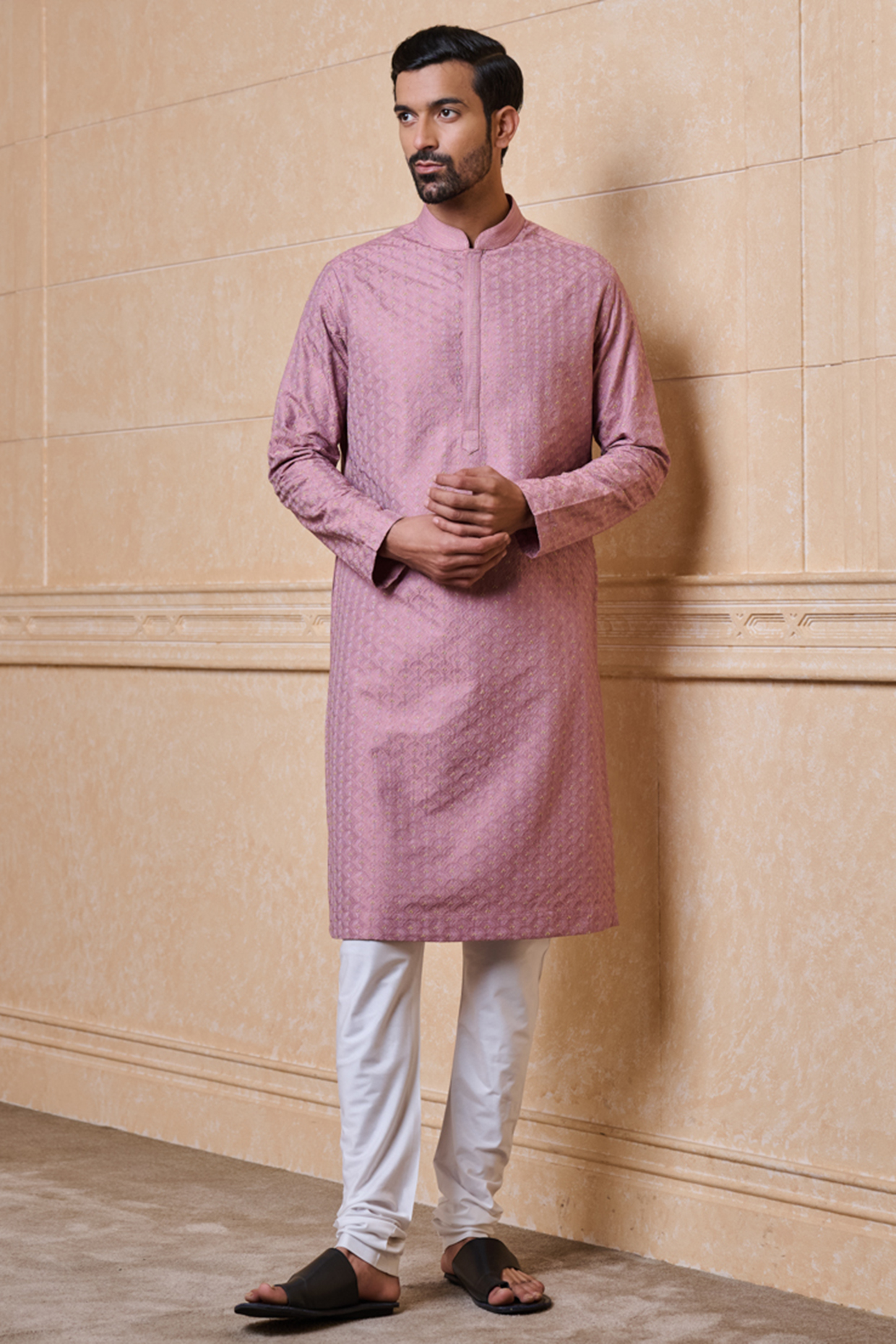 Peach Rayon & Polyester Thread Embroidered Kurta Set by TASVA