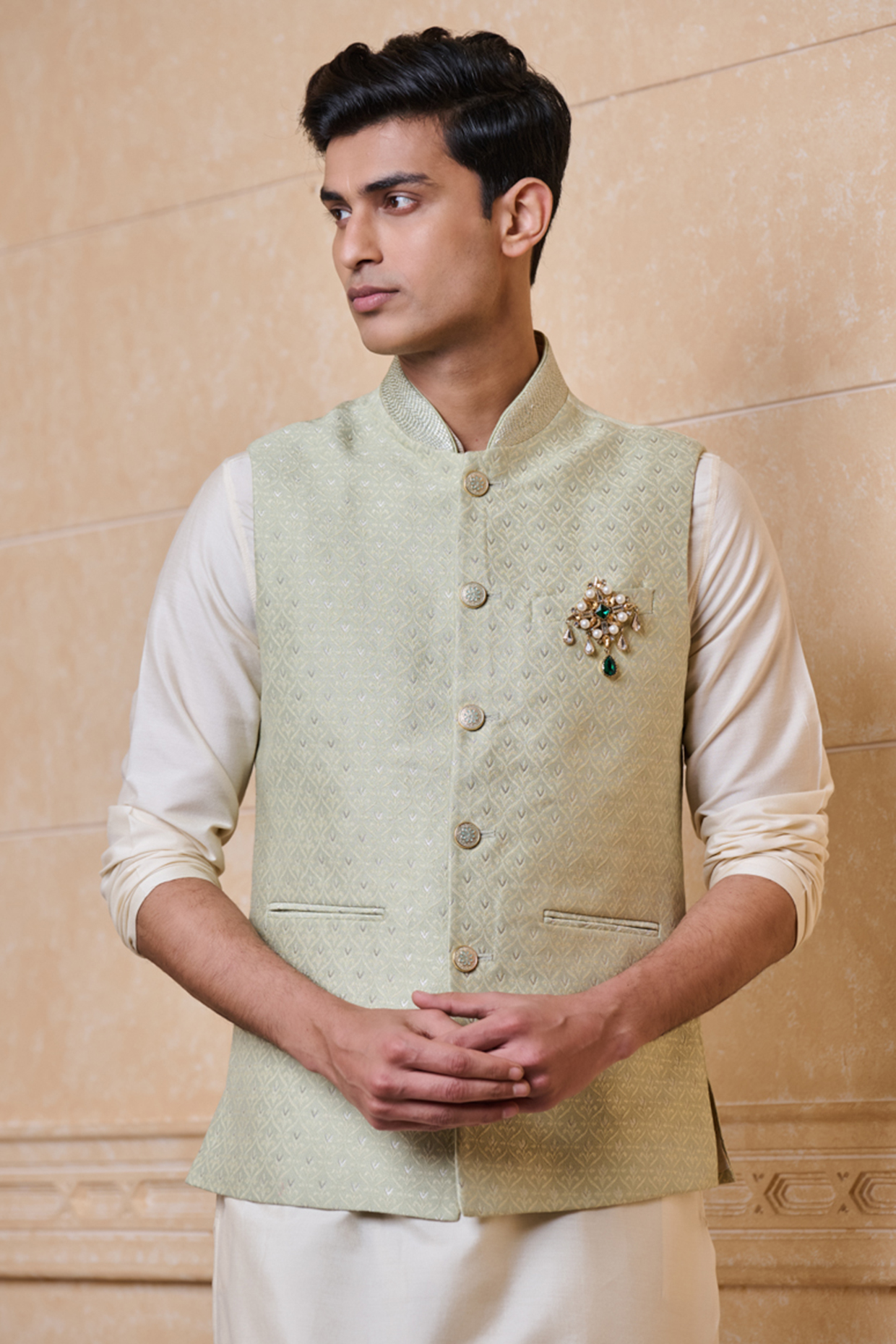 Light Green Polyester & Viscose Embroidered Bundi Jacket by TASVA at Pernia's Pop Up Shop