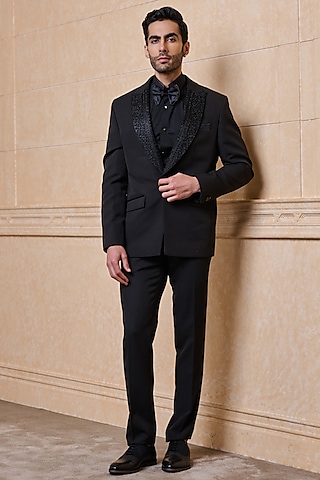 Black Polyester & Spandex Blazer Set by TASVA