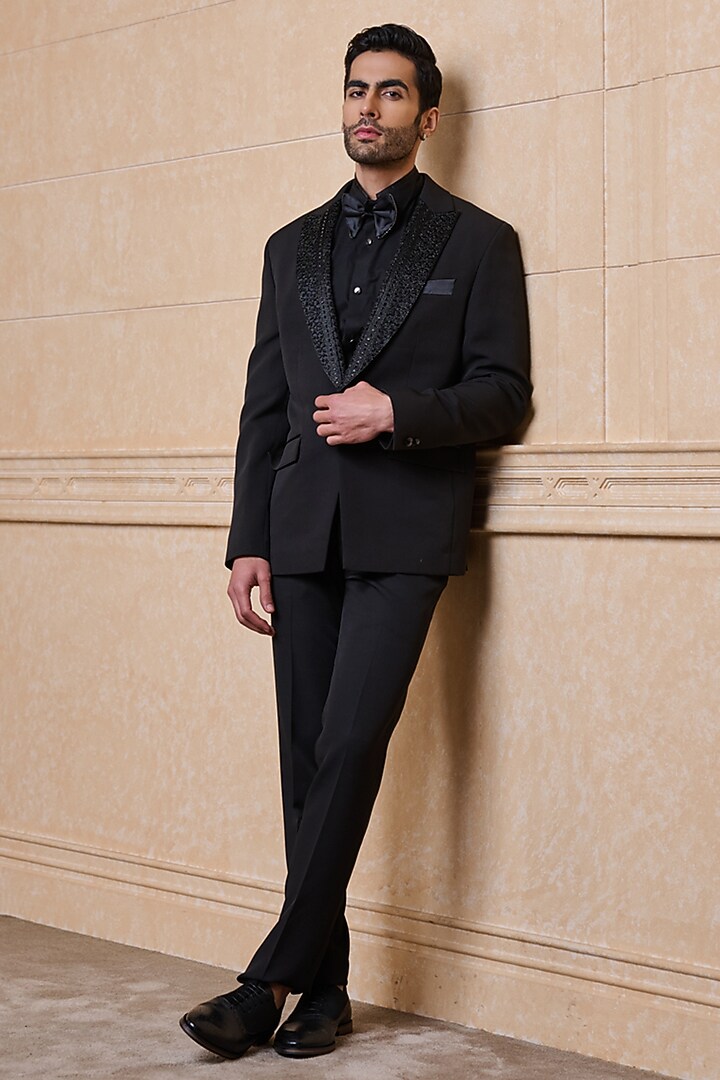 Black Polyester & Spandex Blazer Set by TASVA at Pernia's Pop Up Shop