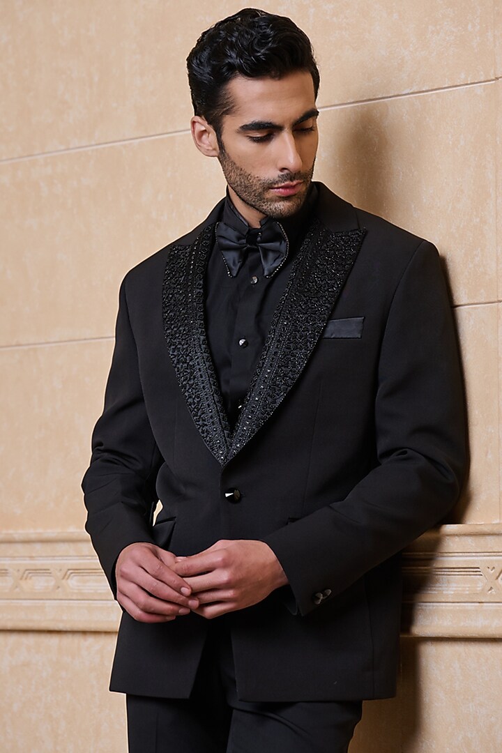 Black Polyester & Spandex Blazer Set by TASVA at Pernia's Pop Up Shop