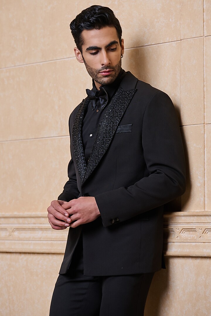 Black Polyester & Spandex Blazer Set by TASVA at Pernia's Pop Up Shop