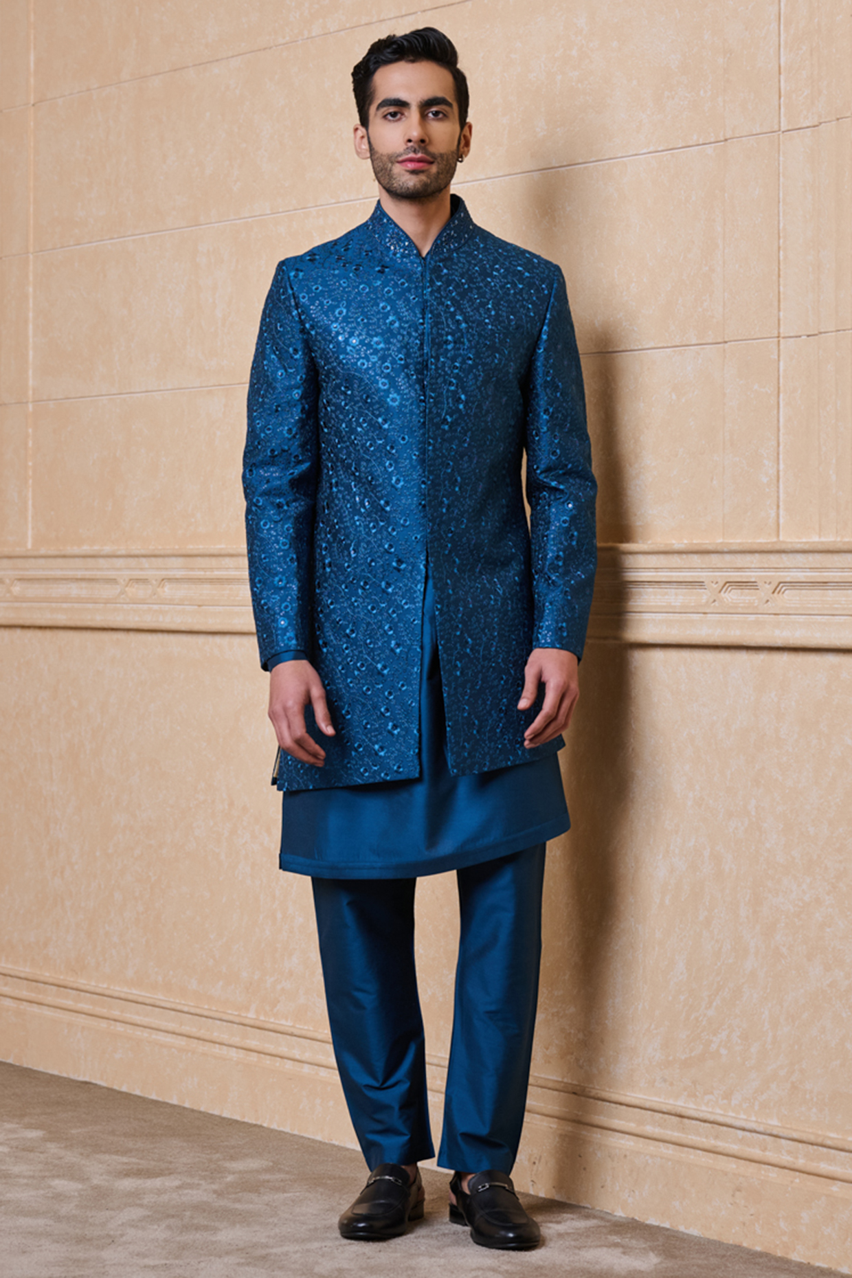 Teal Viscose Blend Indowestern Set by TASVA