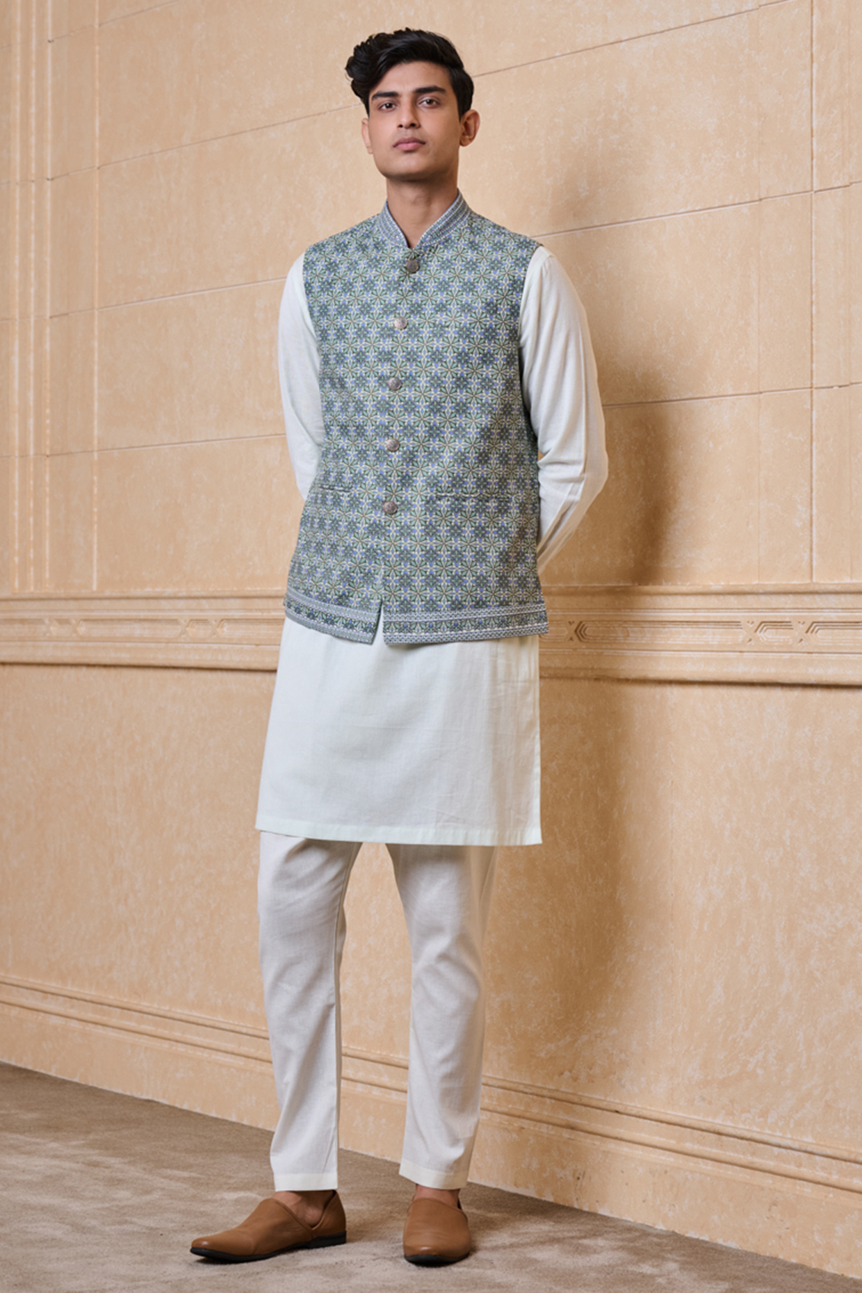 Light Green Cotton Bundi Jacket Set by TASVA