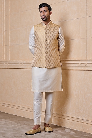 Gold Polyester Blend Bundi Jacket Set by TASVA