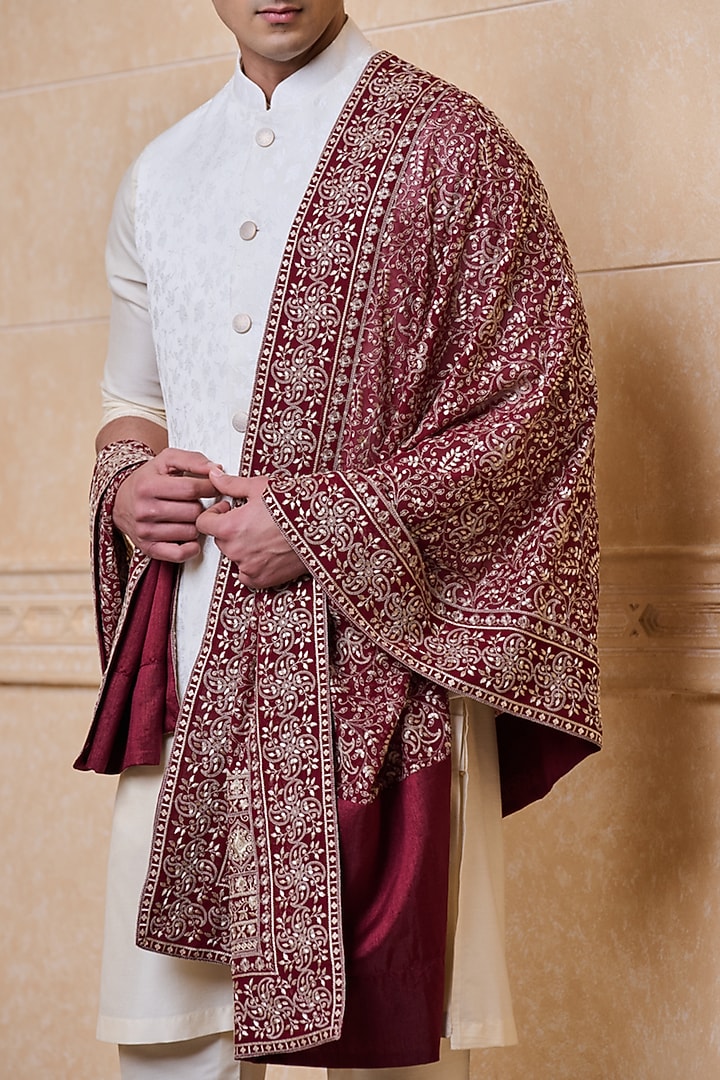 Maroon Georgette Embroidered Stole by TASVA at Pernia's Pop Up Shop