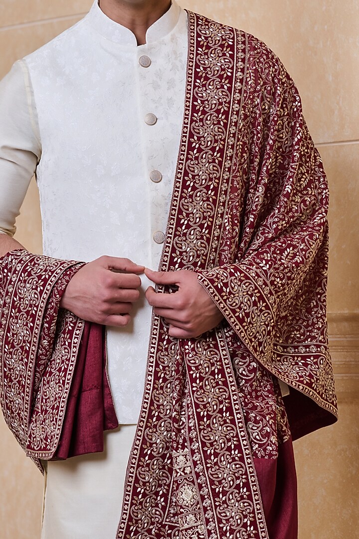 Maroon Georgette Embroidered Stole by TASVA at Pernia's Pop Up Shop
