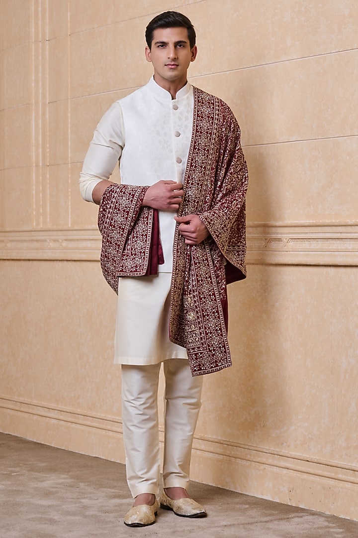 Maroon Georgette Embroidered Stole by TASVA at Pernia's Pop Up Shop