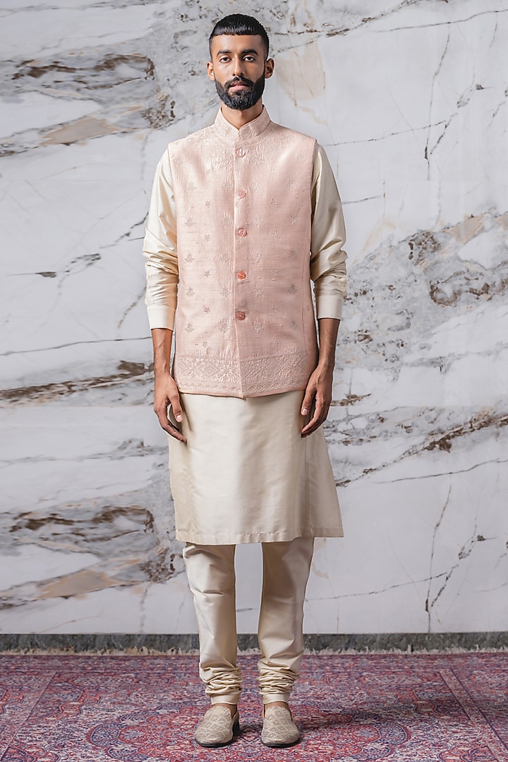 Peach Pure Silk Dori Embroidered Bundi Jacket Set by TASVA