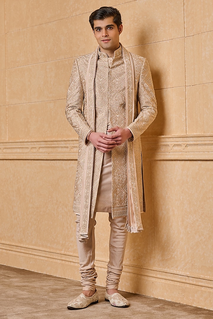 Nude Viscose Blend Embroidered Sherwani Set by TASVA