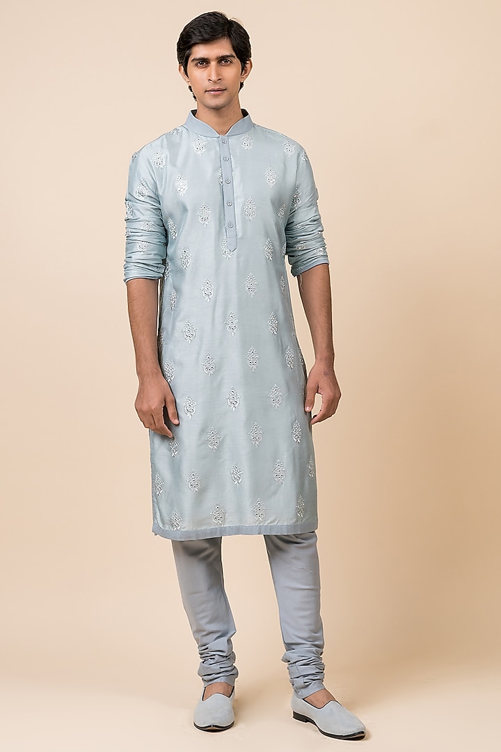 Light Blue Schiffli Mirror Work Kurta Set by TASVA