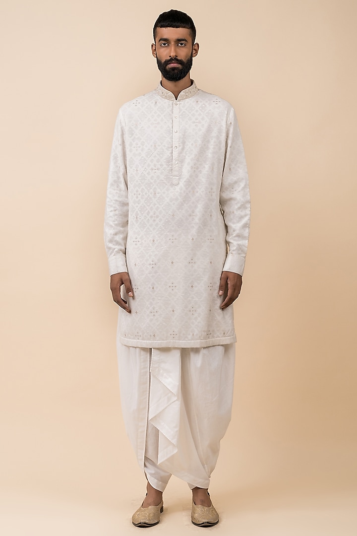 Ivory Viscose Blend Embroidered Kurta Set by TASVA at Pernia's Pop Up Shop