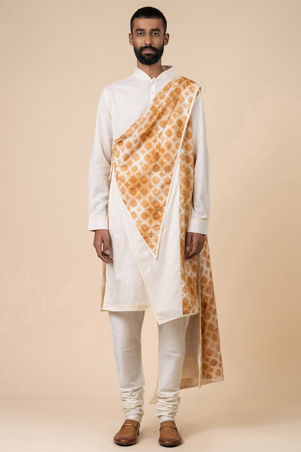 Ivory Cotton Printed Angrakha Kurta Set by TASVA