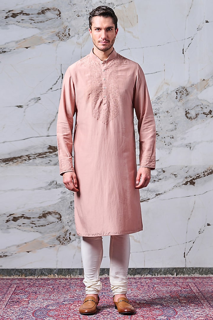 Pink Cotton Silk Resham Embroidered Kurta Set by TASVA