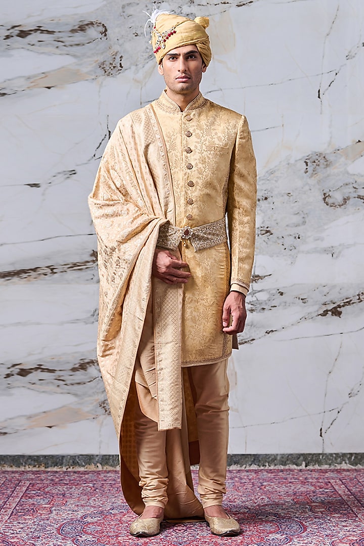 Gold Banarasi Brocade Embroidered Sherwani Set by TASVA at Pernia's Pop Up Shop