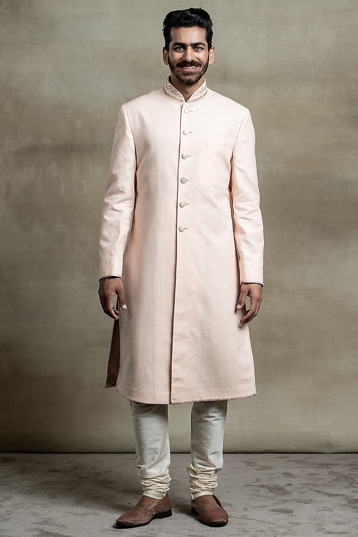 Peach Linen Resham Embroidered Sherwani Set by TASVA