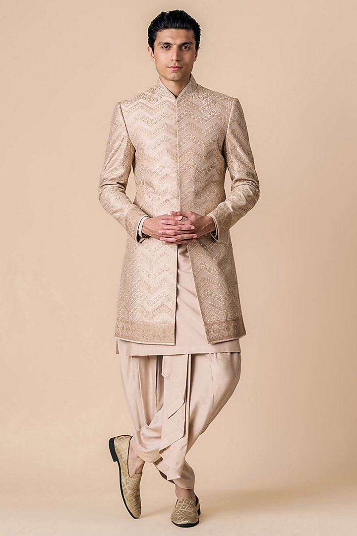 Nude Rayon Blend Crystal Embellished Wedding Sherwani Set by TASVA at Pernia's Pop Up Shop