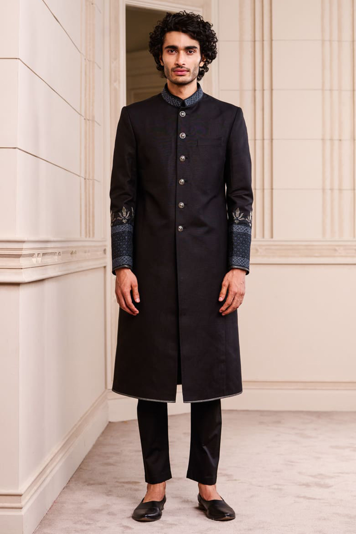 Black Linen Sherwani Set by TASVA