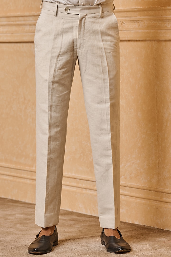 Ivory Polyester Blend Trousers by TASVA at Pernia's Pop Up Shop